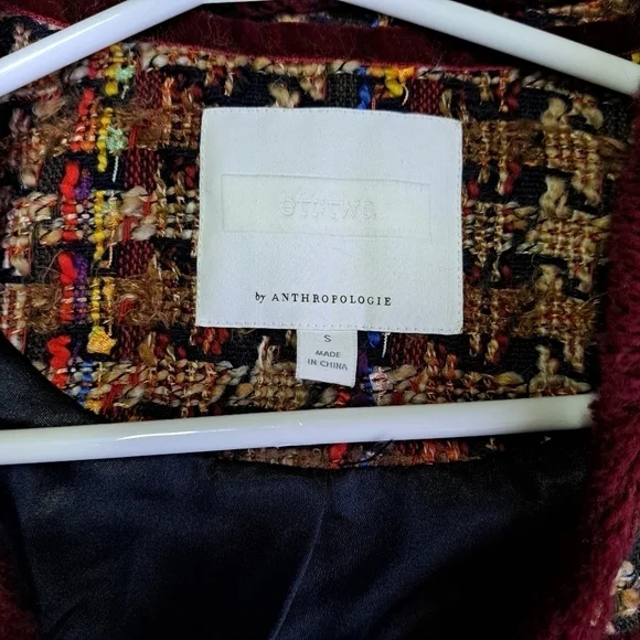 ANTHROPOLOGIE Ett:twa Harlequin Oversized Tweed Brown Burgundy Blazer Jacket - Picture 8 of 15